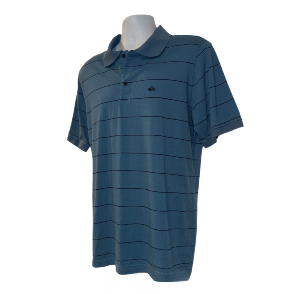 Quiksilver Men’s Polo Shirt Large Blue Striped Short Sleeve Surf Skate Casual - Picture 1 of 10